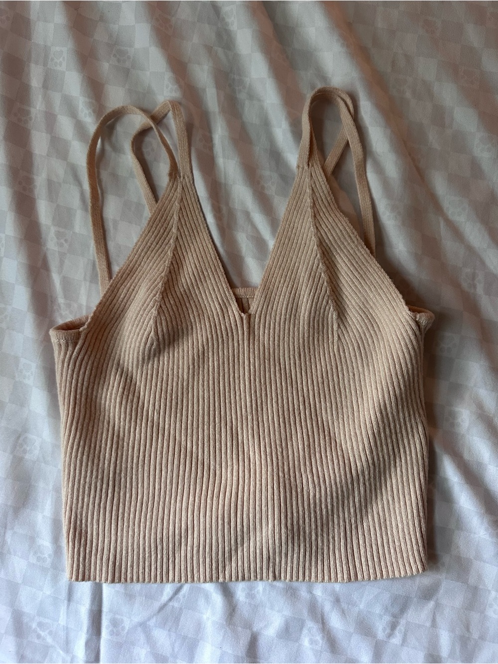 SHEIN Ribbed Knit Double Strap V-Neck Cami Tank Beige Size M